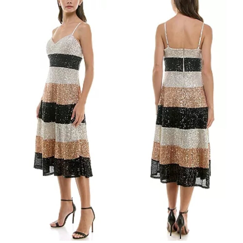 Maison Tara Elegant Women's Color Blocked Sequin Midi Dress Prom Wedding Guest
